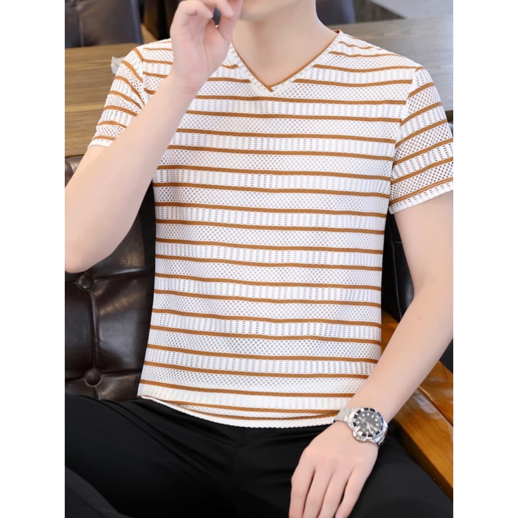Camiseta listrada de seda gelo com decote em V masculina verão fino respirável topo versão coreana magro ajuste bonito c
