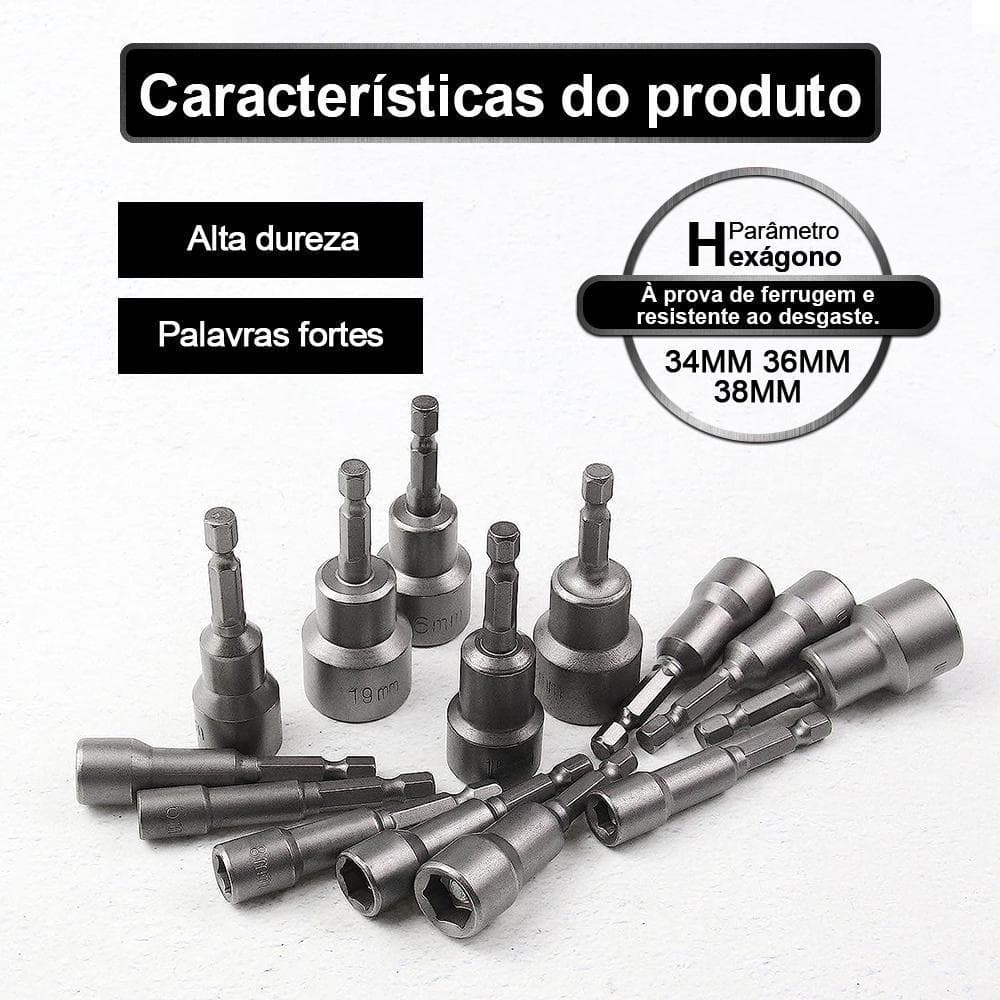 Jogo 14 Bits Soquete Canhão Haste Hexagonal 1/4", Tamanhos Métricos e SAE para