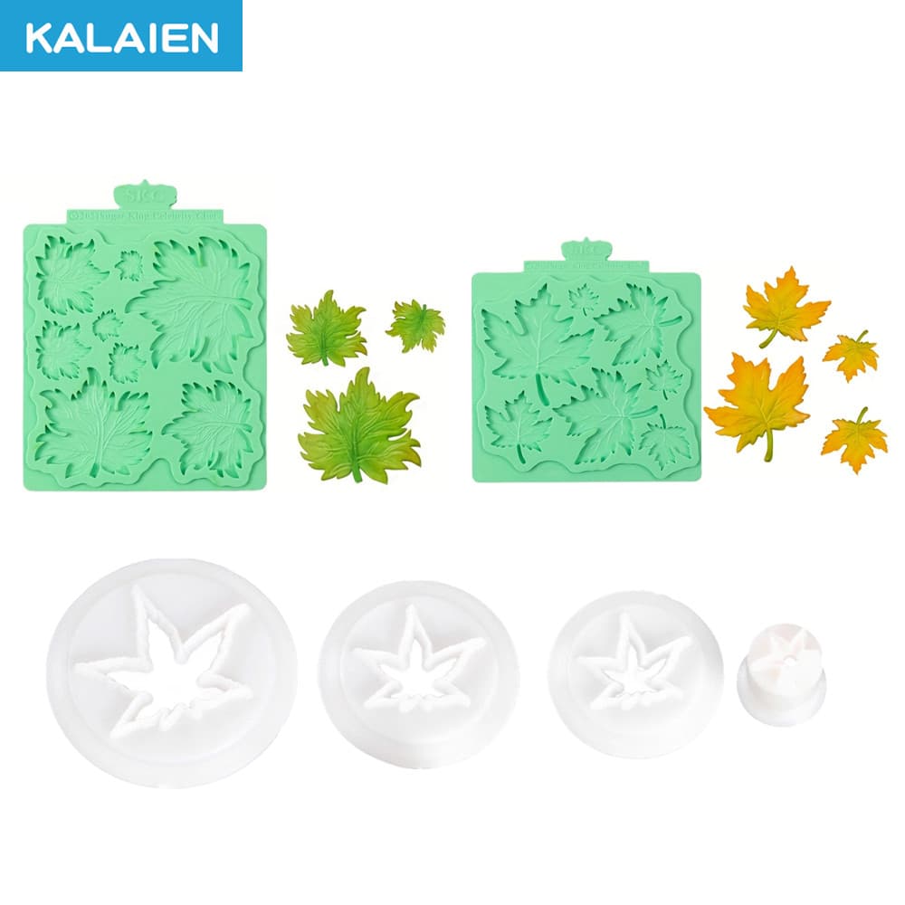 KALAIEN Molde de Silicone para Fondant com Tema de Outono e Folhas de Bordo, 4 Padrões de Forma de Folha de Bordo, 2 Cor