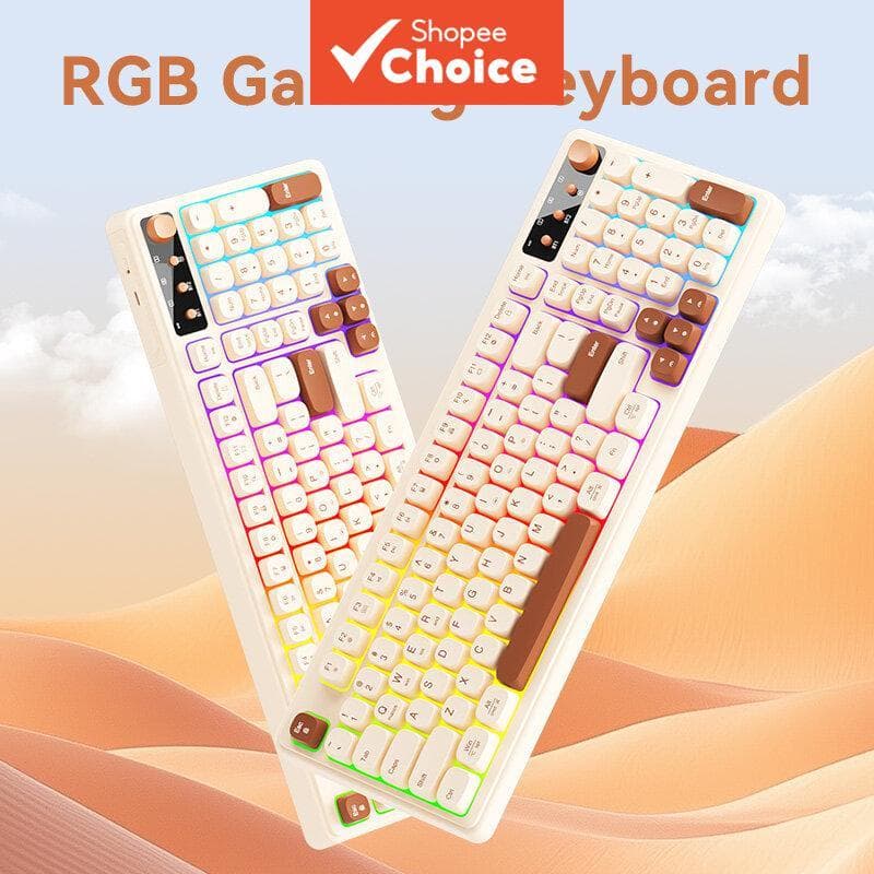 Teclado de Jogos Recarregável com Luz de Fundo RGB, Teclados de Membrana Tri-Modo RGB com Fio ou Bluetooth Sem Fio para