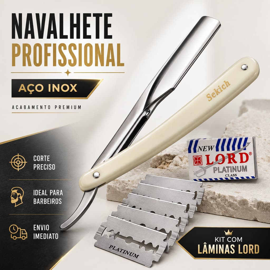 Kit Navalha Navalhete Profissional Barbeiro + 5 lâminas Aço Inox Acabamento Barba