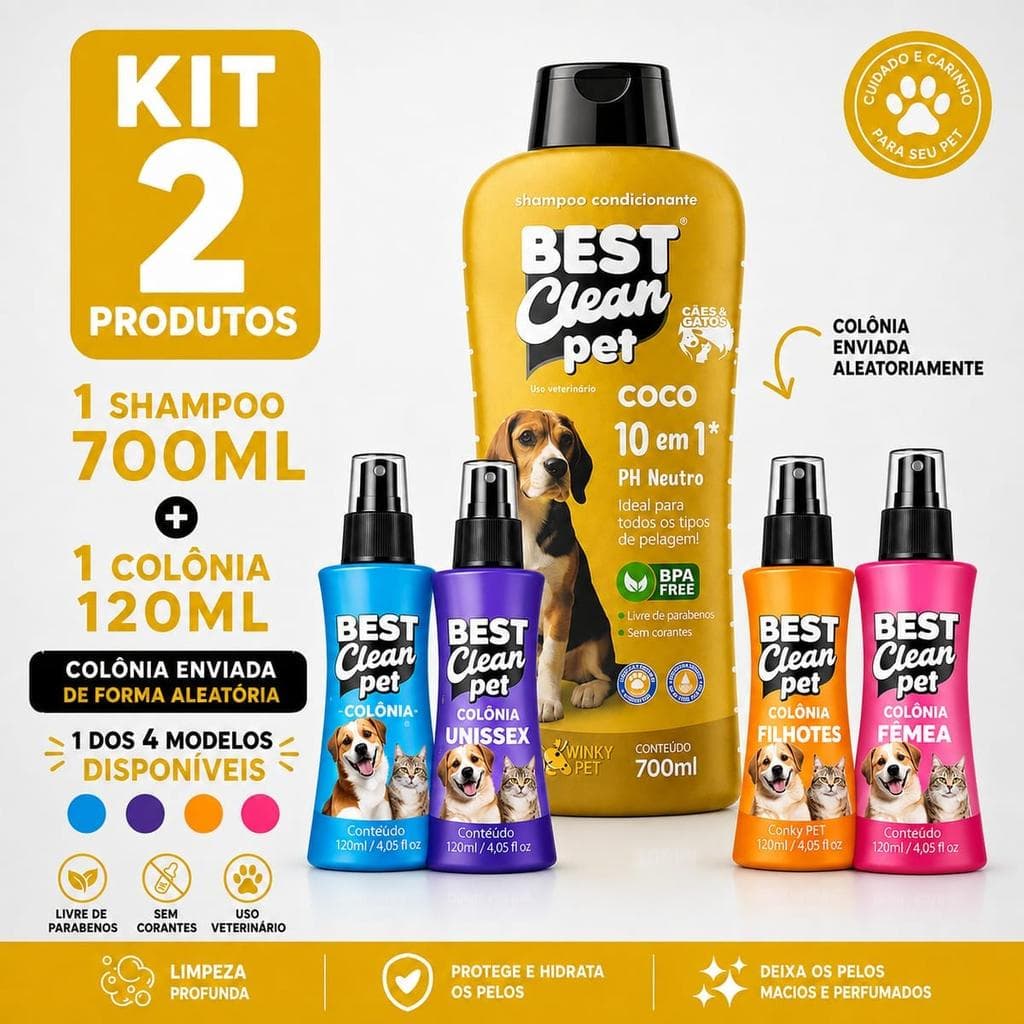 Kit Shampoo Condicionante Pet 10 em 1 700ml + Colônia 120ml - PH neutro, Sem Parabenos, Para Cães e Gatos