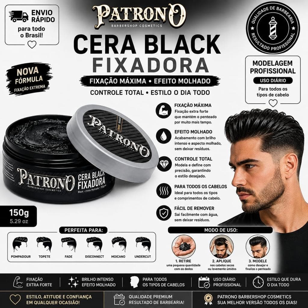 Cera Fixadora Black Patrono 150g Modeladora Capilar - Fixação, Controle e Textura Fácil para Modelar