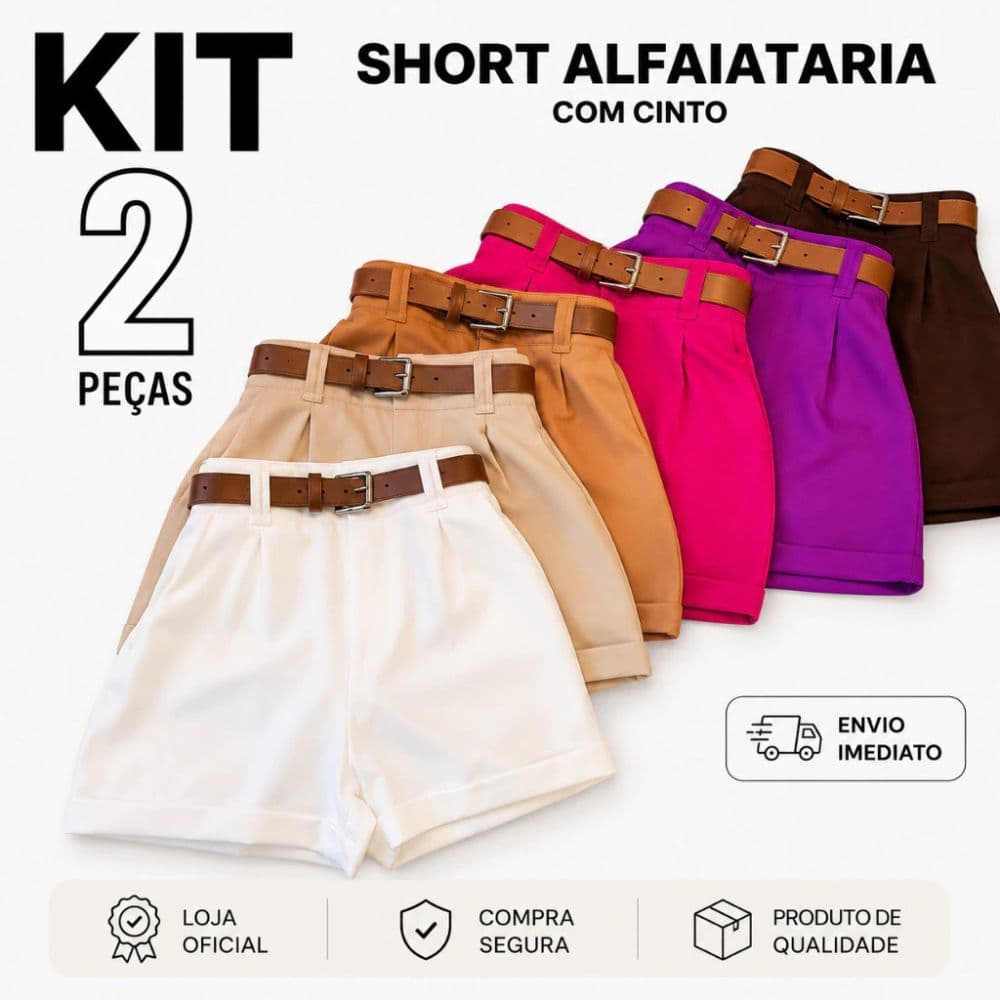 Kit Short Alfaiataria Feminino Com Bolso Com Cinto Cintura Alta Elegante Social Casual ou Unidade