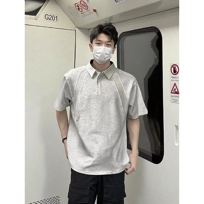 Goku pronto estoque estilo americano desconstrução pesada meio zíper camisa POLO masculina verão boxy frente ombro manga