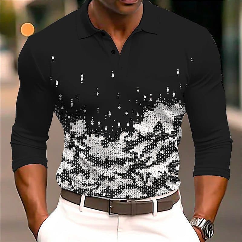 Europeu americano masculino casual impresso 3D camisa polo ao ar livre casual diário de manga comprida botão camisa polo