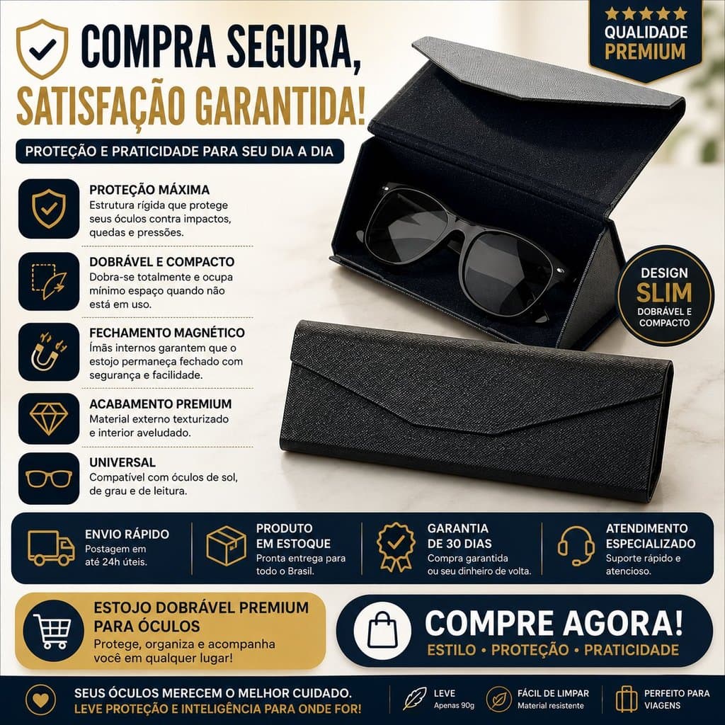 Case Para Óculos Dobrável Rígido Magnético Premium Estojo Slim Portátil Para Grau e Sol