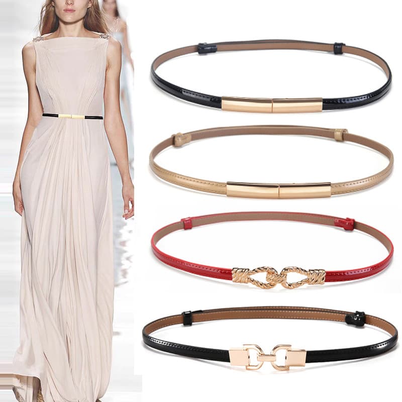 Cinto de vestido de couro envernizado feminino fino decorativo combinando saia cinto de couro genuíno All-Match moda sai
