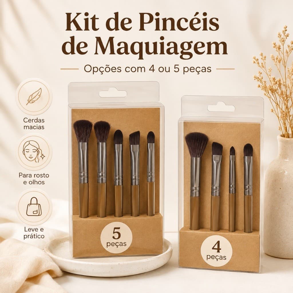 Kit de Pincéis de Maquiagem 4 ou 5 Peças para Rosto e Olhos – Cerdas Macias e Prático