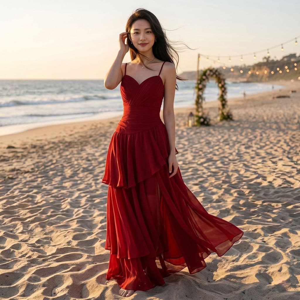 Vestido Vermelho Alargado Com Foco Em Design E Bainha Grande Babados Estilo Verão , Longo Suspensório De Noite , Cintura