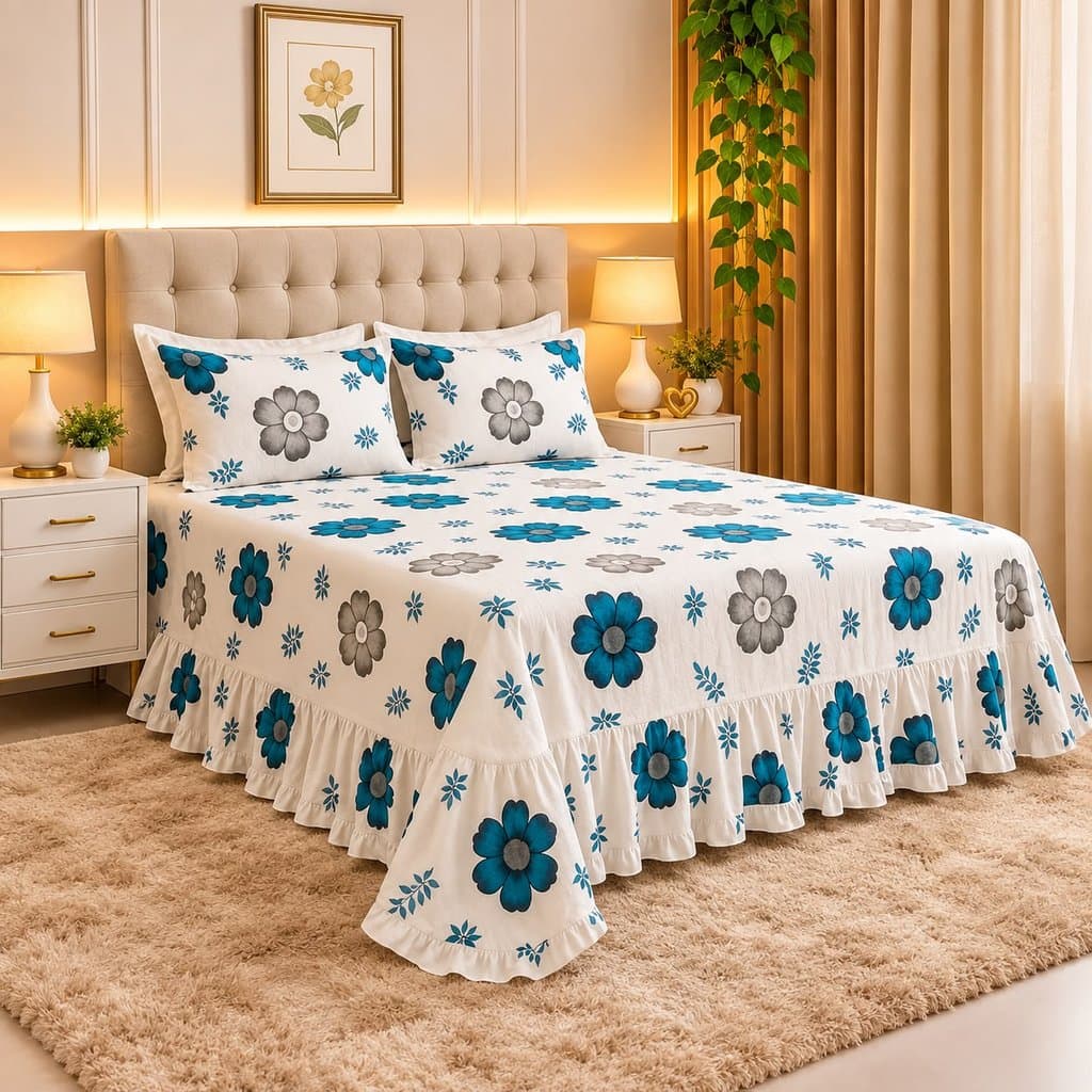 Colcha de Cama Casal Queen Estampado de Babado Com  2 Fronhas Cobre Leito Toque de Algodão
