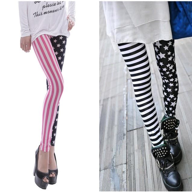 Moda listras irregulares estrela Leggings fino-ajuste mais magro olhar estrela fã estrela de cinco pontas calças magras
