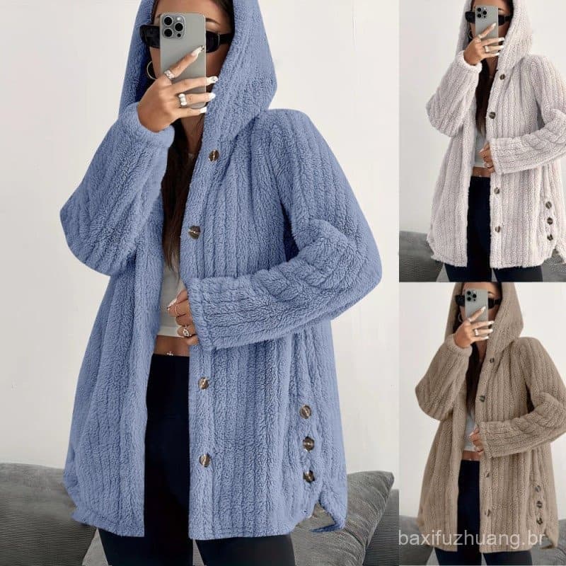 2025 outono inverno europeu americano feminino cor sólida manga comprida com capuz solto jaqueta de pelúcia feminina.