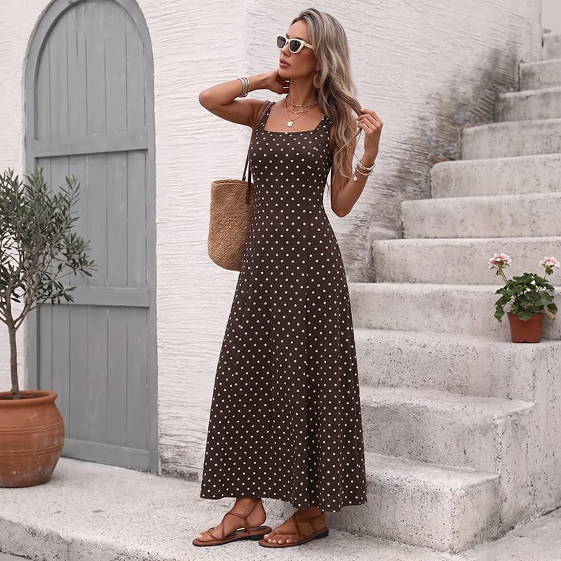 Saias femininas novo estilo férias estilo saias longas estilingue bolinhas pescoço quadrado sem mangas cintura estreita