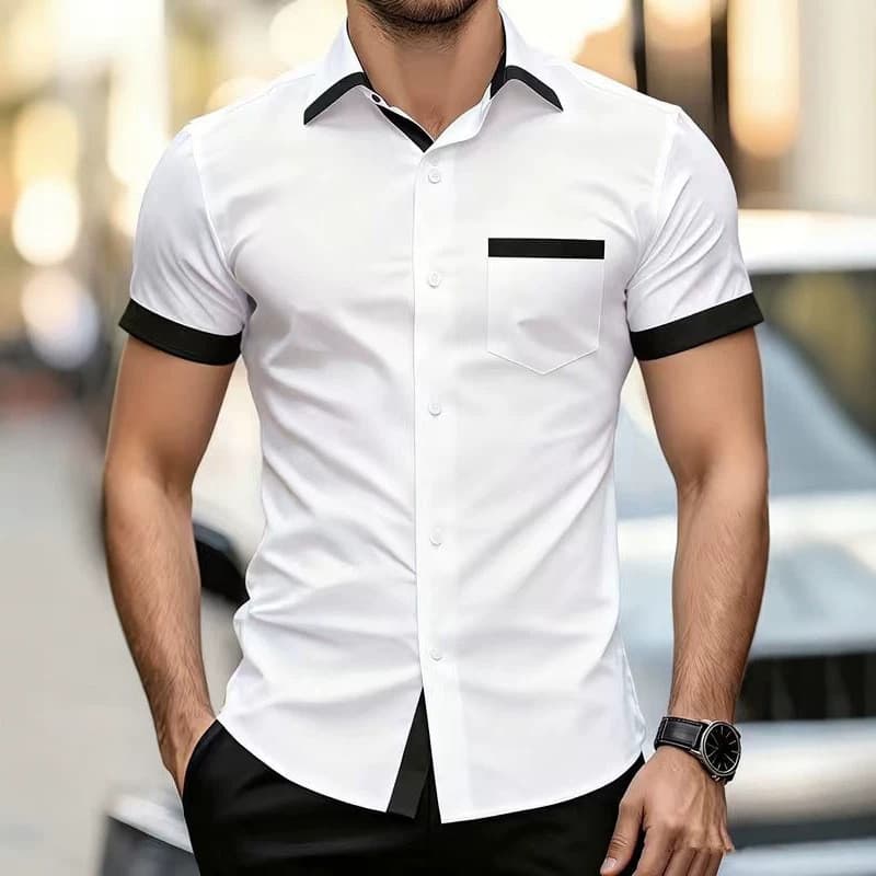 Nova camisa de manga curta de cor sólida masculina solta topo