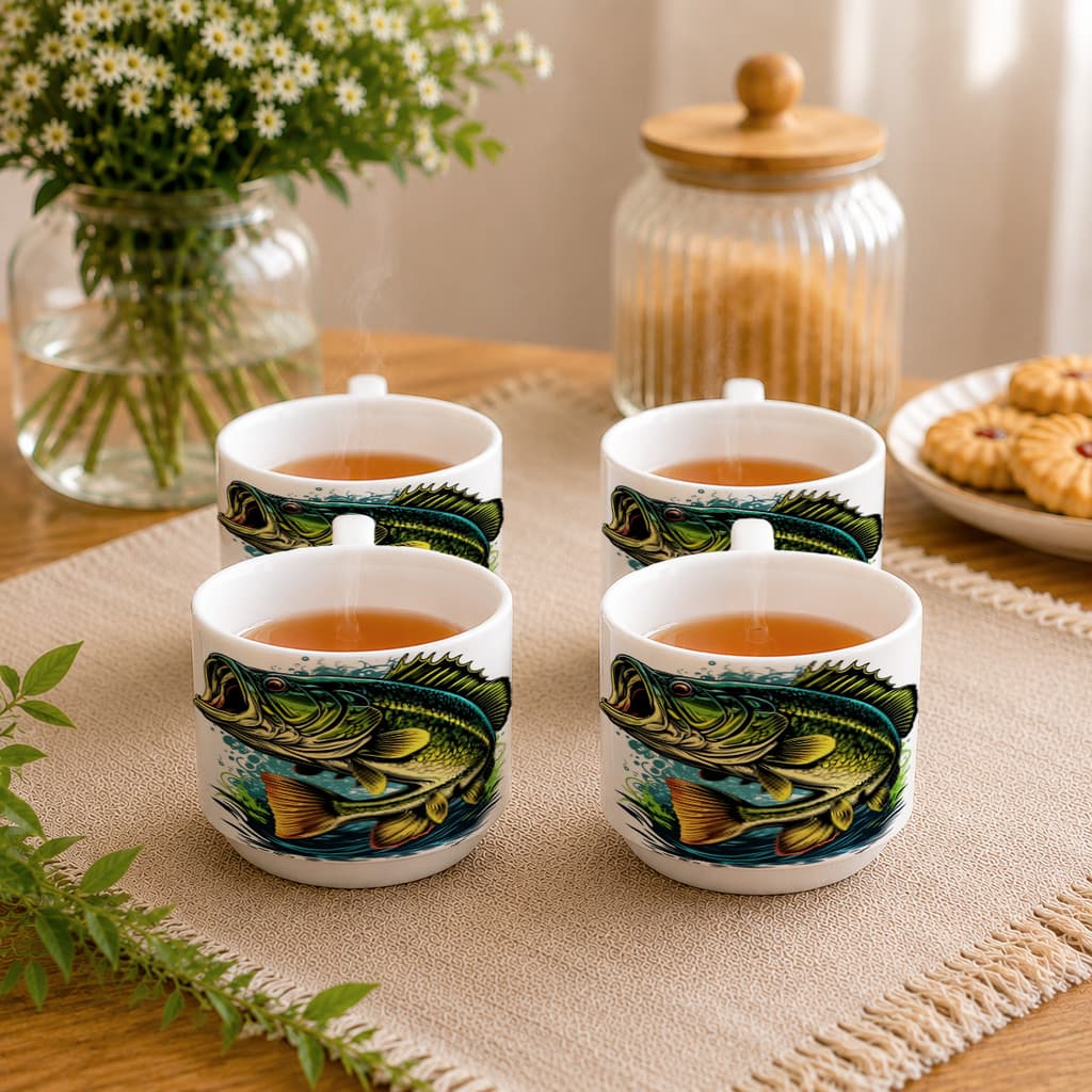 Kit 4 Xícaras Porcelana Pescaria Pesca Peixe Vara Anzol Rio
