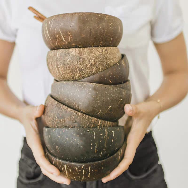 Estilo sudeste asiático artesanal planta Natural tigela de coco salada tigela redonda tigela de madeira colher conjunto