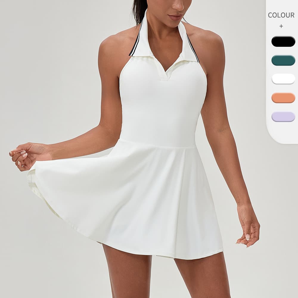 Europeu americano esportes ao ar livre saia de tênis feminino Halterneck Fitness saia de uma peça contraste cor lapela s