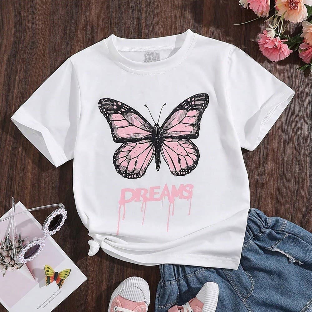 Camiseta Para Meninas Com Impressão De Carta E Borboleta Infantil e Juvenil