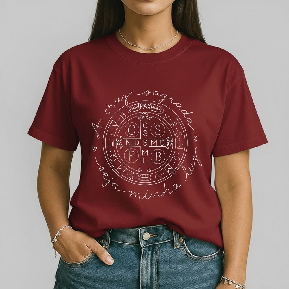 Camisa Feminina Cruz Sagrada São Bento 100% Algodão Camiseta Religiosa Católica Proteção Fé Estilo