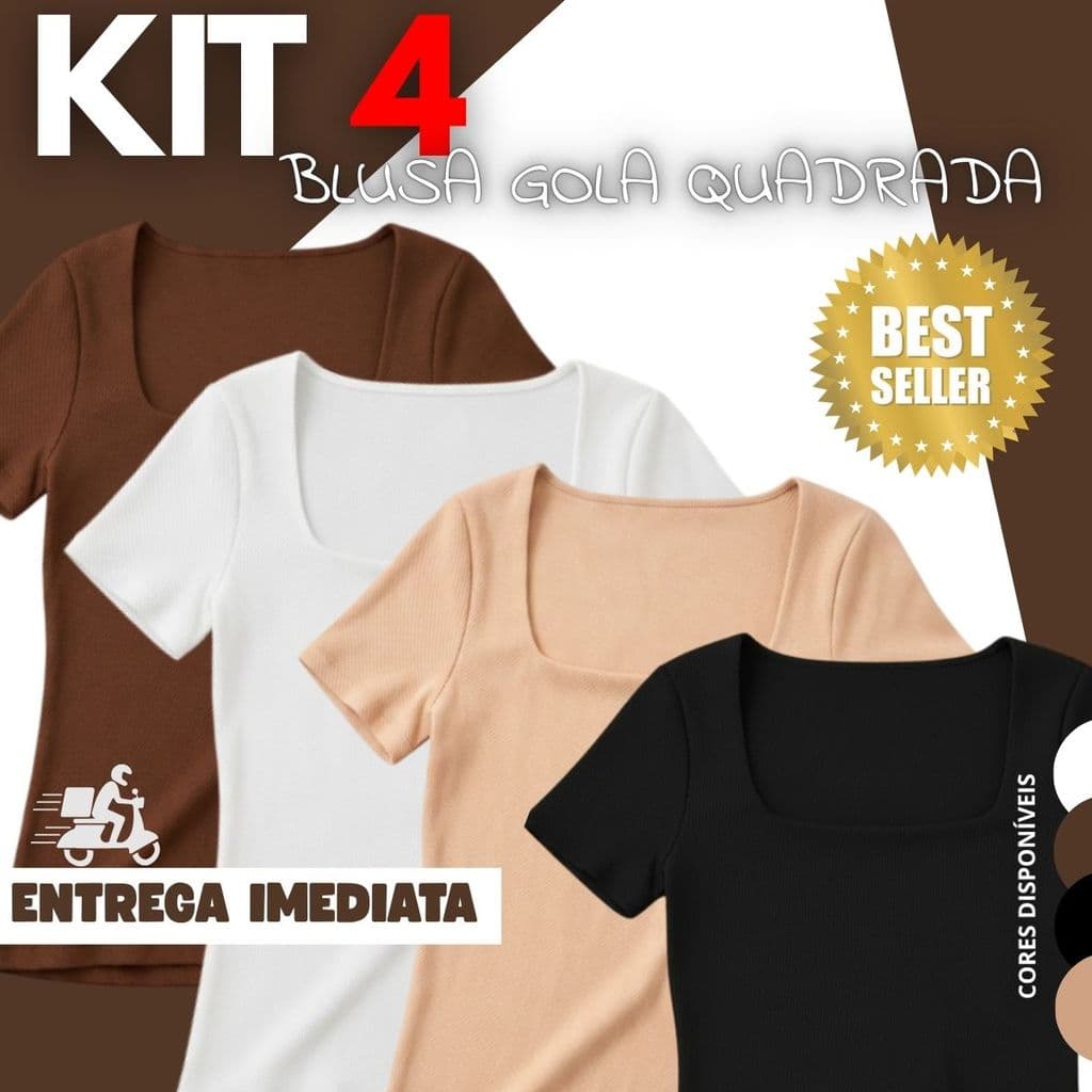 Kit 4 Blusa Camiseta Feminina Básica Gola Quadrada Suplex Zero Transparência Premium Casual Dia a Dia