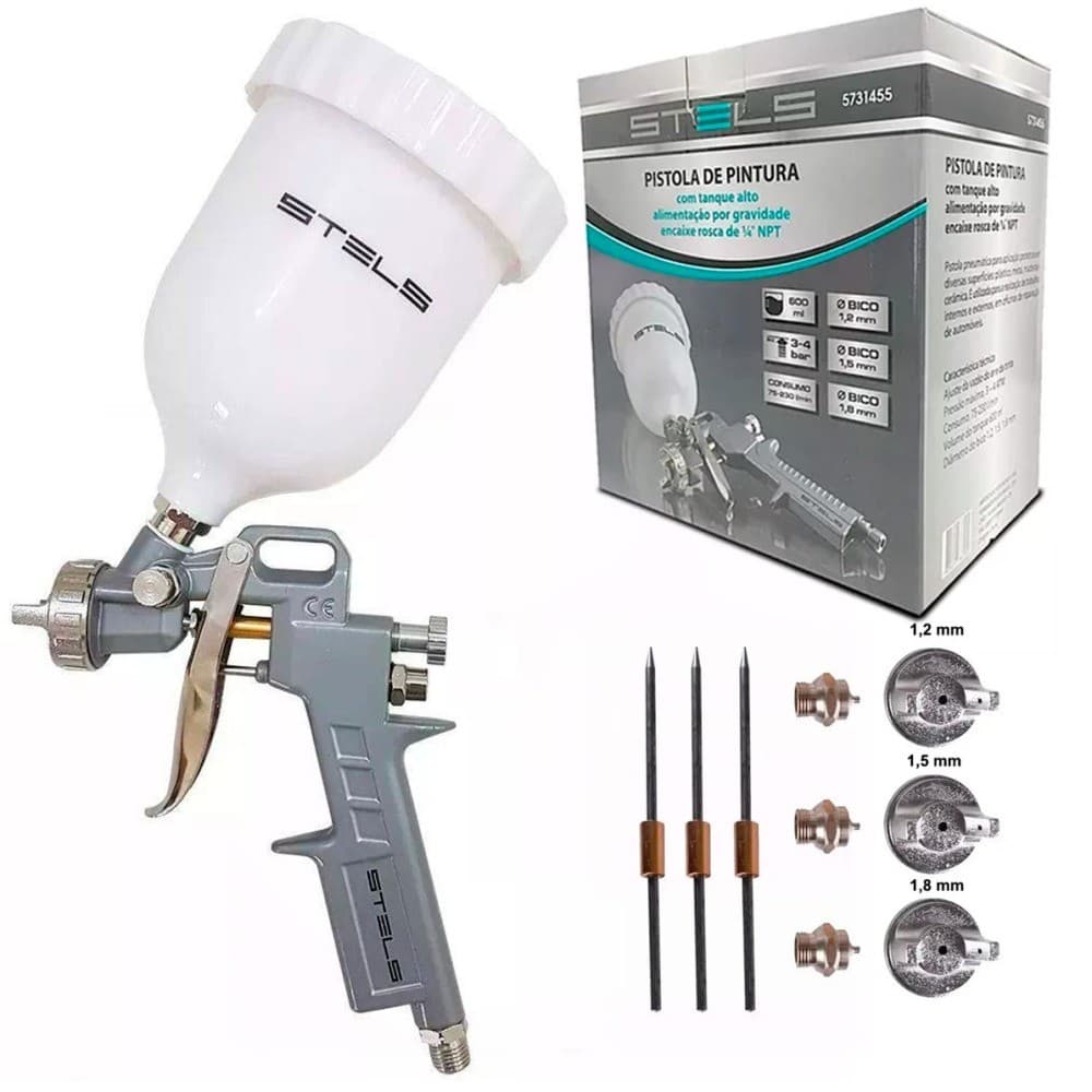 Pistola de pintura tipo gravidade com 3 bicos e caneca 600 ml - 5731455 Stels