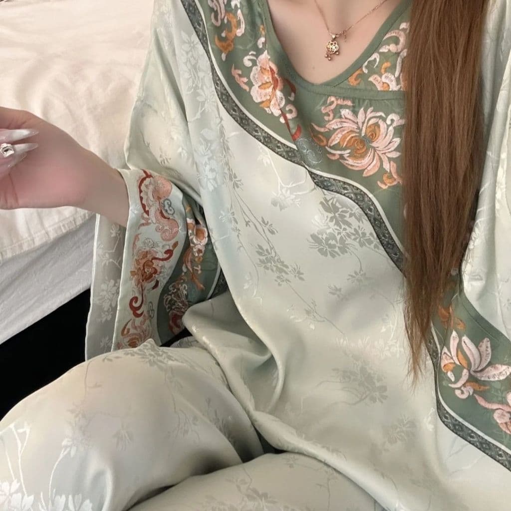 Pijama estilo chinês palácio primavera outono verão estilo chinês retrô Hanfu estampado manga até o tornozelo calças xad
