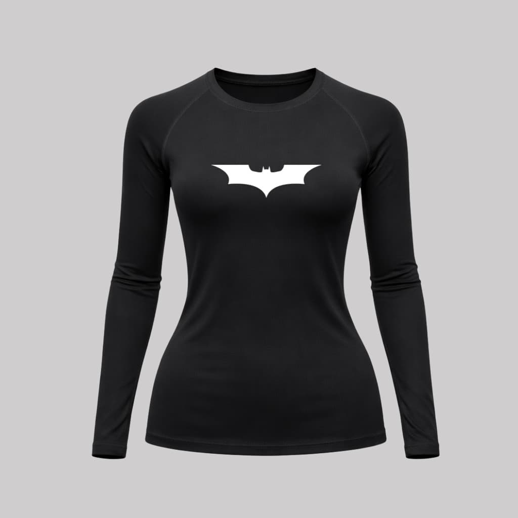 Camiseta Feminina Rash Guard Compressão UV Manga Longa Morcego Batman