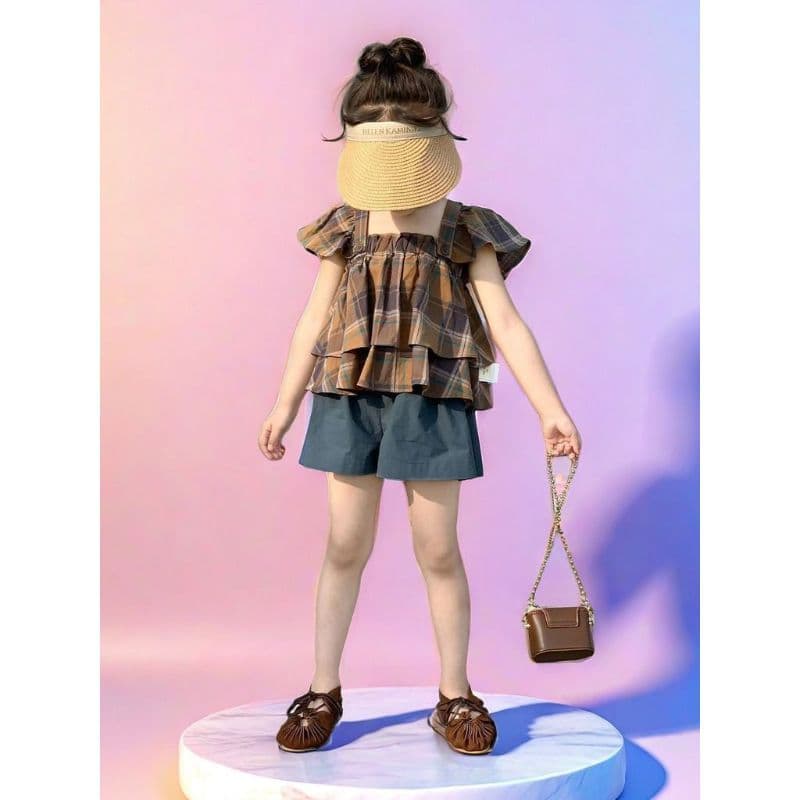 [Crianças imperdíveis] versão coreana meninas verão novo estilo retrô xadrez manga voadora camisa de bebê meninas camisa