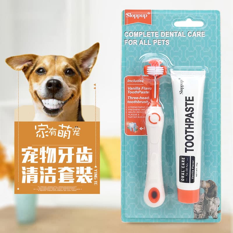 Conjunto de escova de dentes para animais de estimação, escova de dentes para cães e gatos, limpeza Oral de três cabeças
