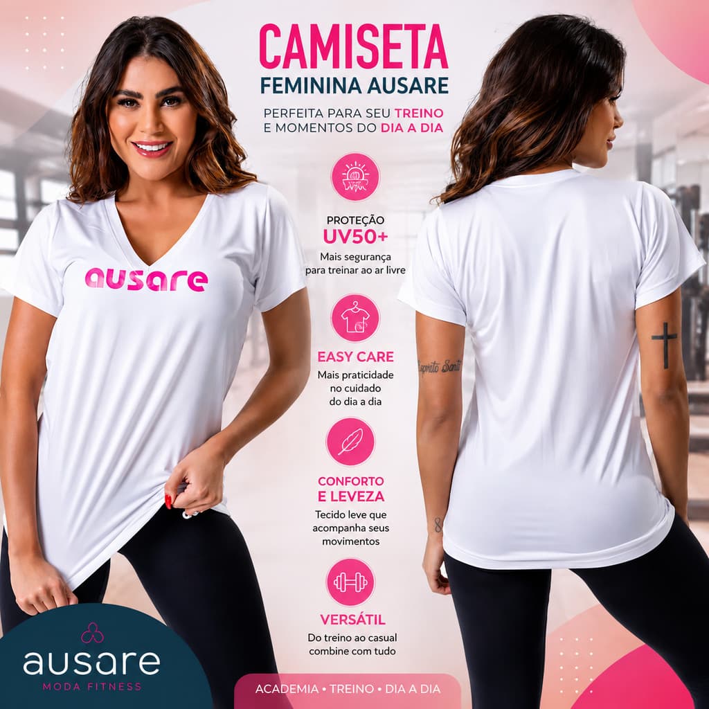 Camiseta Feminina Ausare UV50+ Easy Care Branca Academia Fitness Treino Corrida Caminhada Esporte Confortável Uso Casual