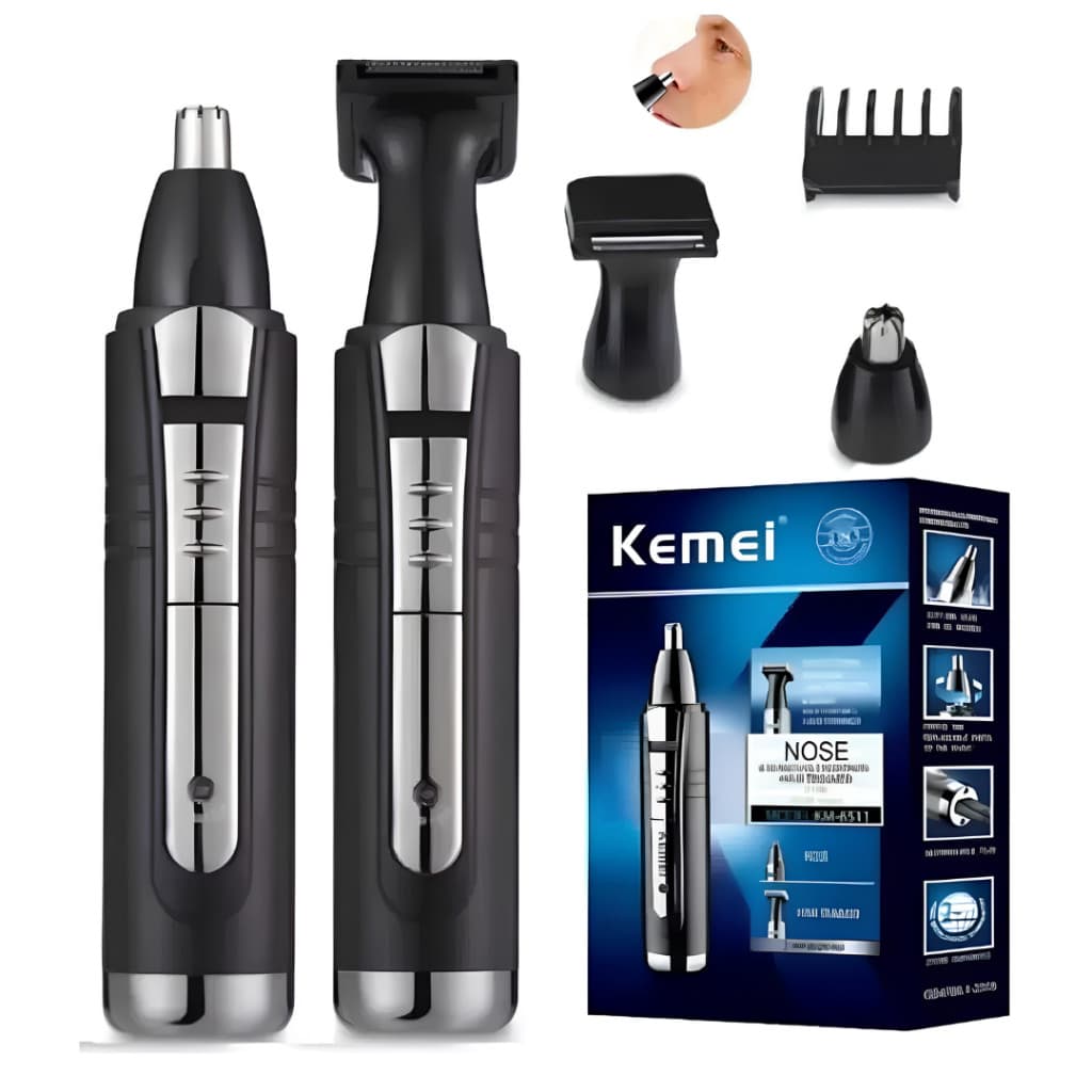Máquina Tirar Pelos Nariz Barba Orelha Kemei KM-6511 Recarregável 2 em 1 Elétrica Aparador Masculino