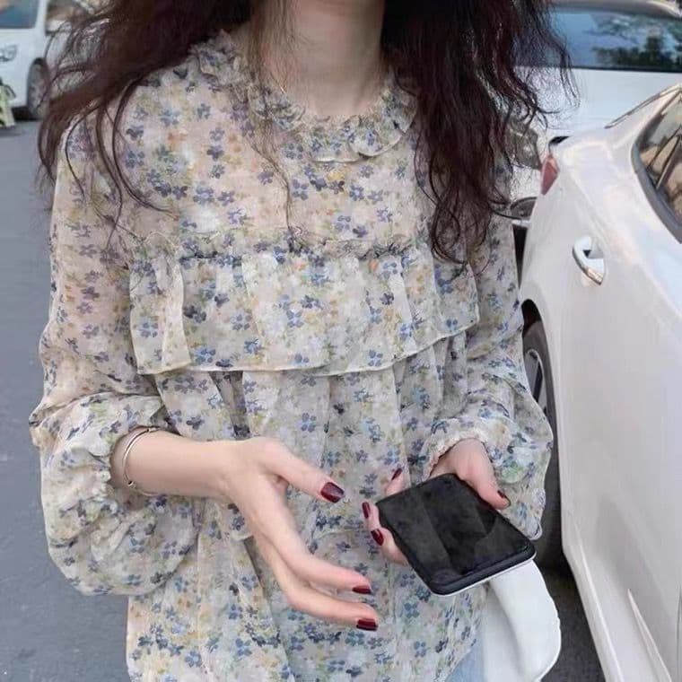 Desconto de marca Roupas femininas contador retirada contador comércio exterior camisa Floral fresca cedo babados de man