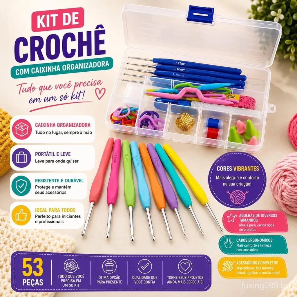 KIT CROCHÊ COMPLETO FERRAMENTAS AGULHAS, TESOURA - 53 PÇS