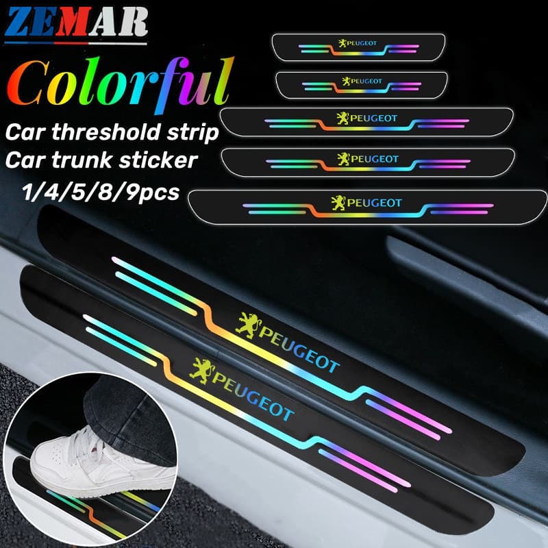 Adesivo Protetor de Soleira de Porta de Carro Peugeot Colorido e Refletivo, Proteção Anti-Risco para Porta-Malas, Compat