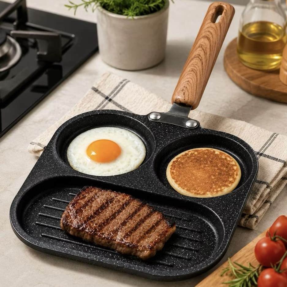 Frigideira Antiaderente 3 em 1 com Divisórias Utensílio De Cozinha Frigideira Três Em Um Com Divisória Antiaderente