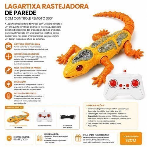 Lagartixa Rastejadora Inteligente Controle Remoto 360 Graus Amarela Brinquedo Interativo Realista