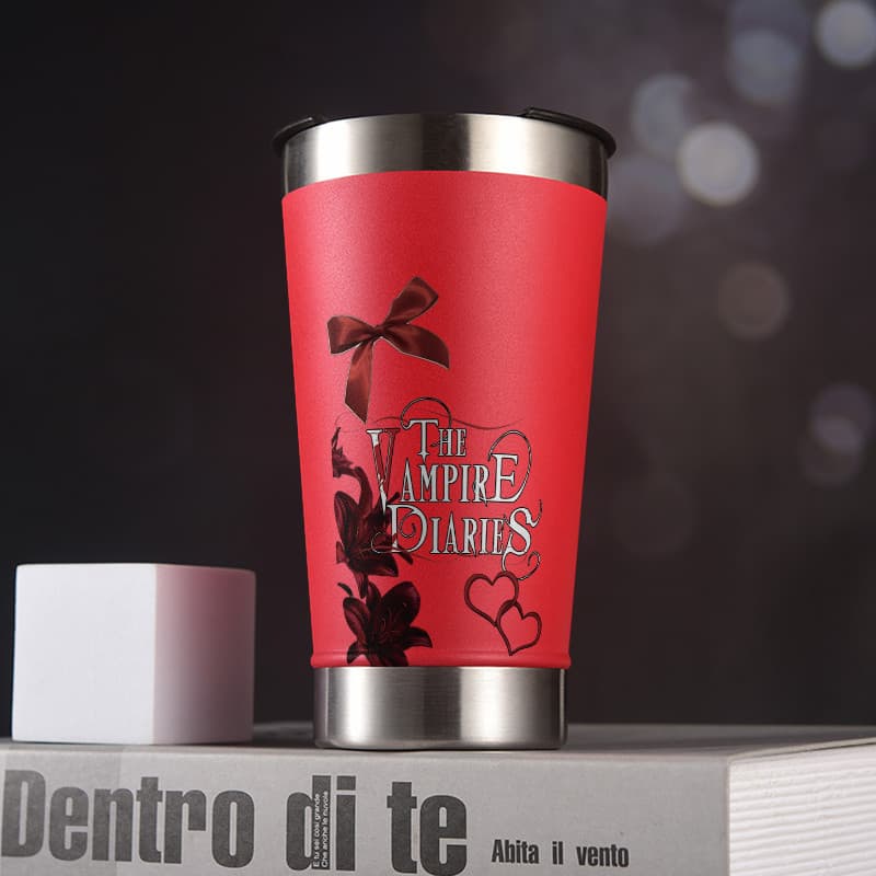 Copo térmico tumbler vampire diaries 473ml aço inoxidável com abridor de garrafas embutido e tampa parede dupla vácuo