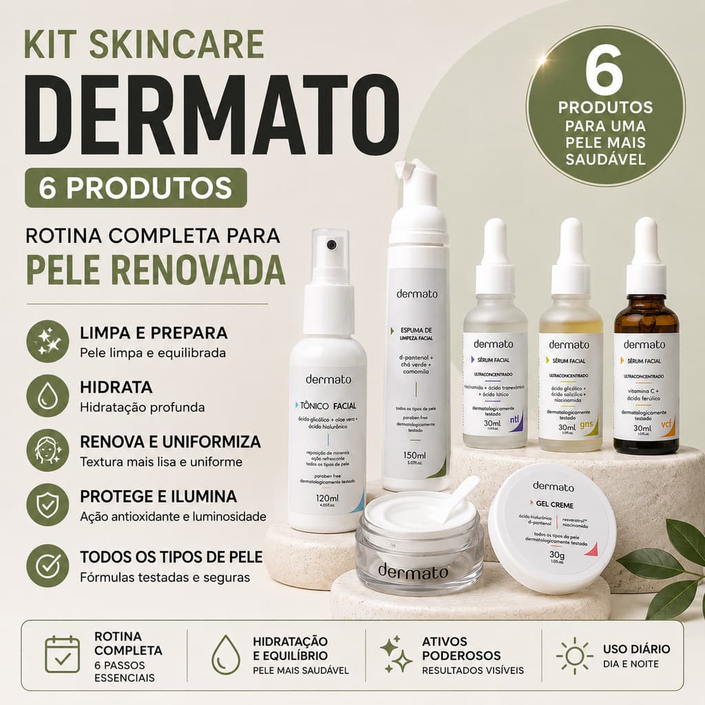 Kit 6 Produtos Para Skincare Facial | Séruns, Tônico, Espuma de Limpeza e Gel Creme | Hidratação e Renovação da Pele