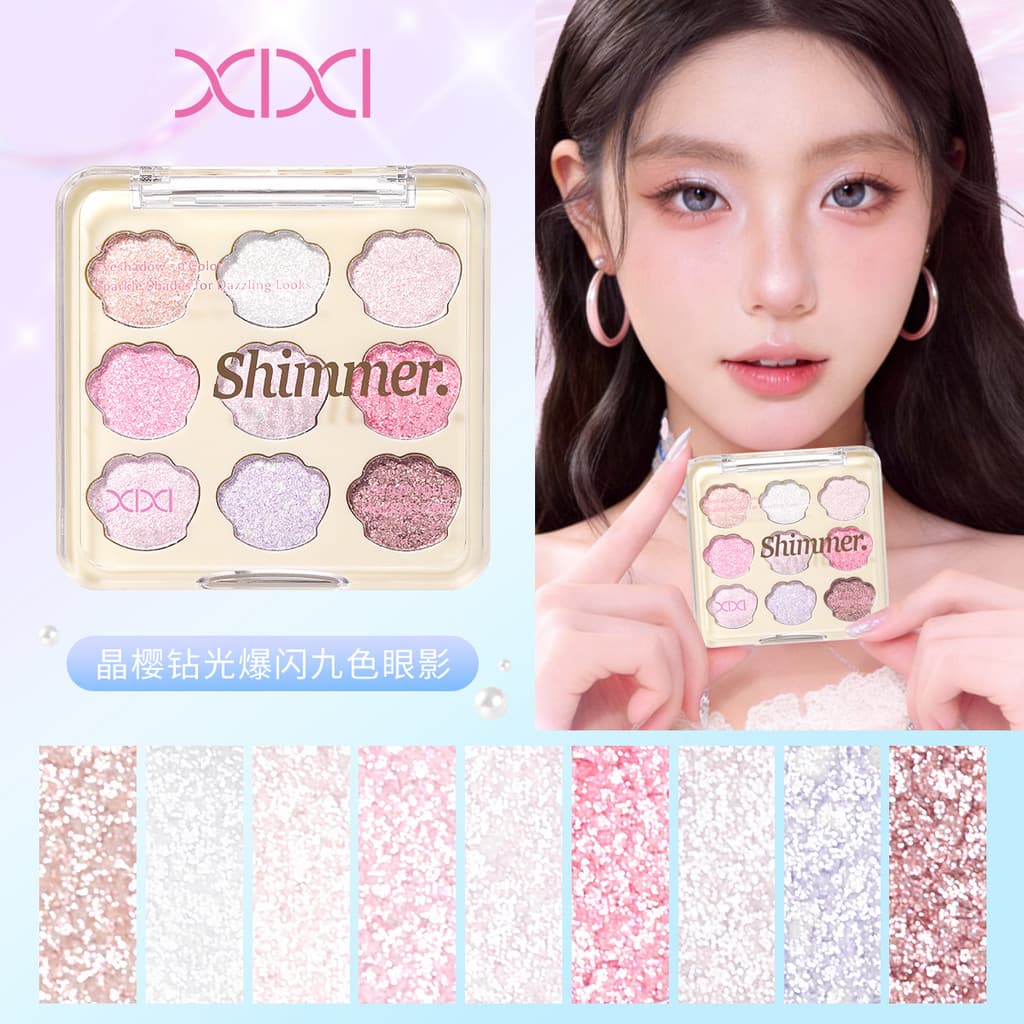 Xixixi paleta de sombras de nove cores, estroboscópio perolado, destaque multicolorido, maquiagem de palco, placa grande