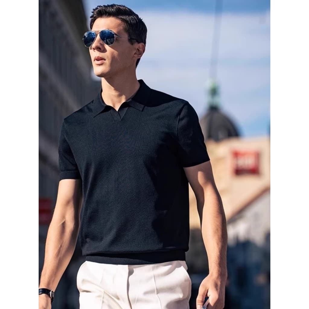 Camisa polo masculina de lapela madura leve, camisa polo de manga curta de malha de alta qualidade, moda Casual, gola ga