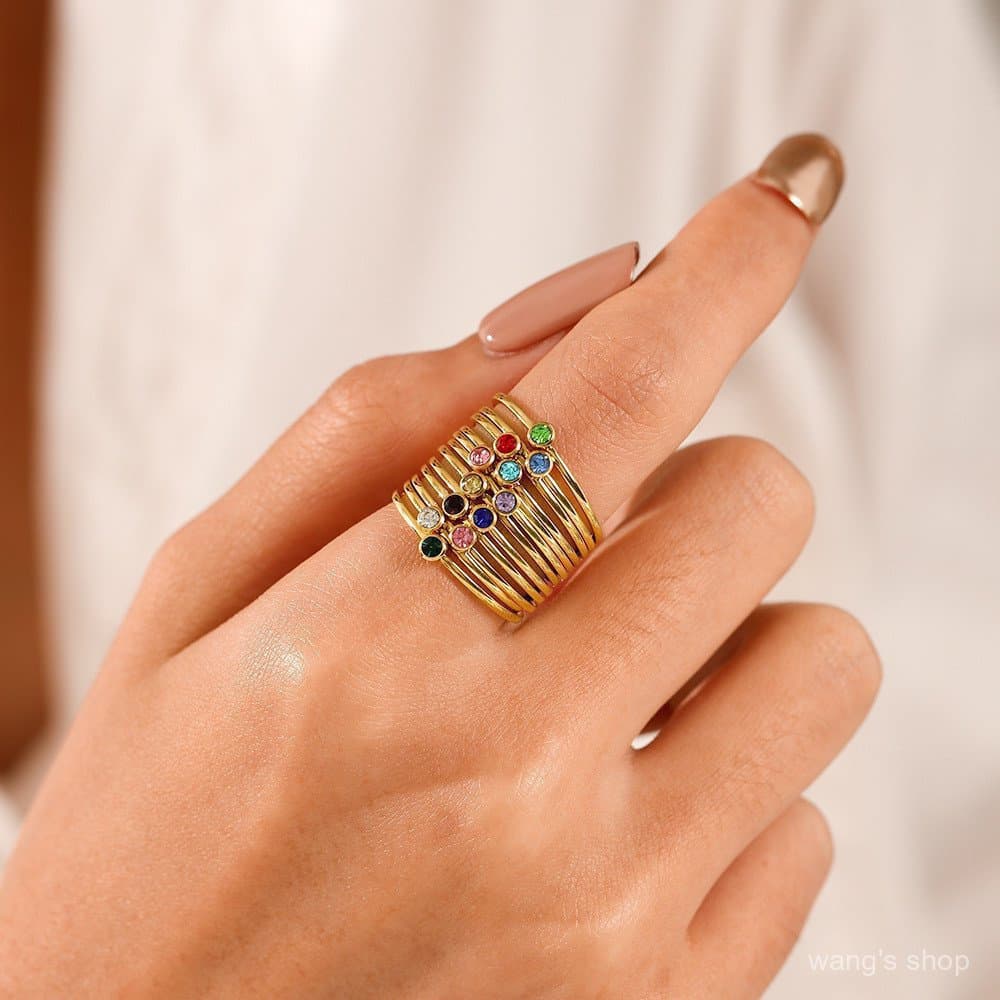 Anel Elegante de Dezembro para Mulheres, Simples e Popular, Versátil, com Diamantes e Pedra de Nascimento, Anel de Aço I
