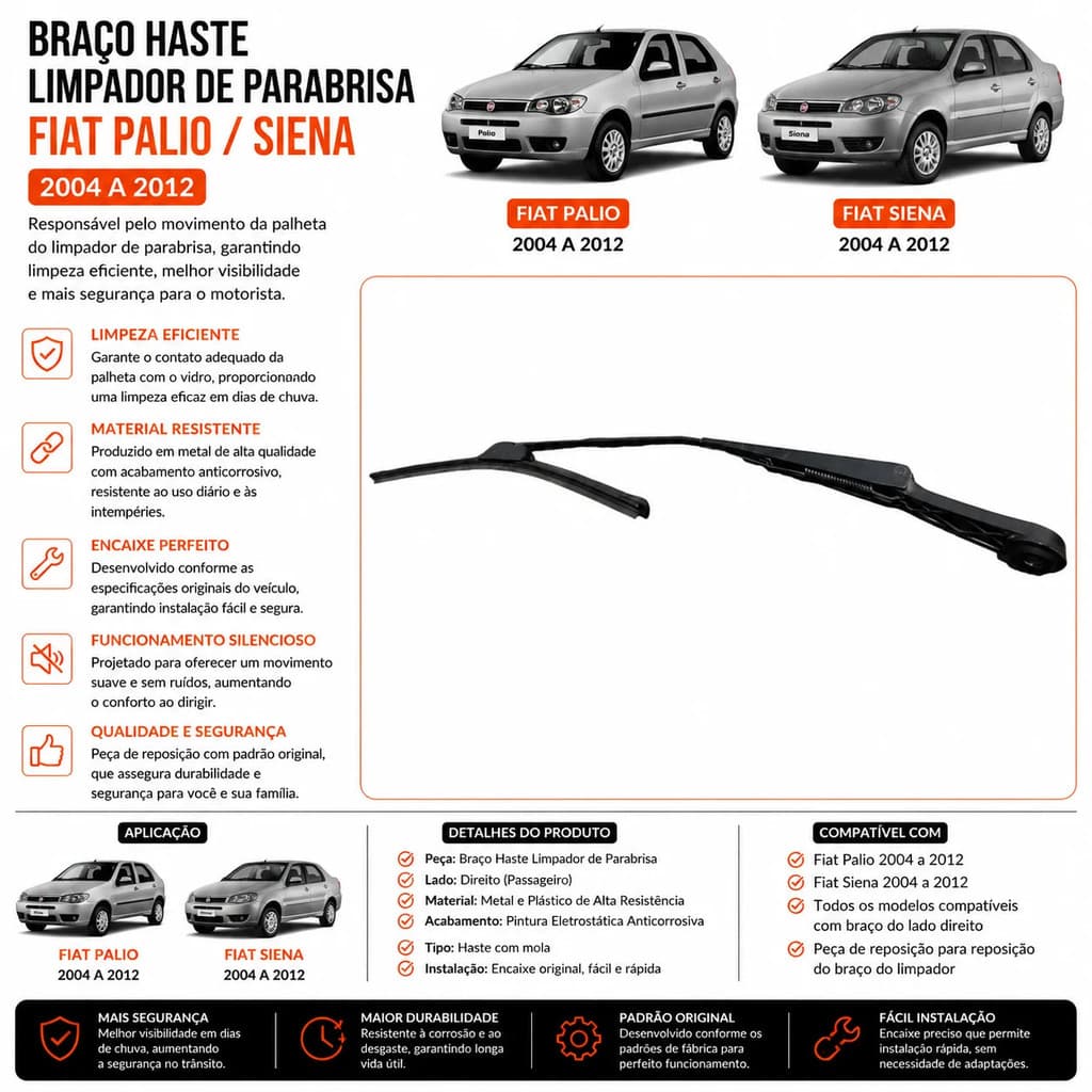 Braço Haste Limpador Parabrisa Fiat Palio Siena 2004 2012