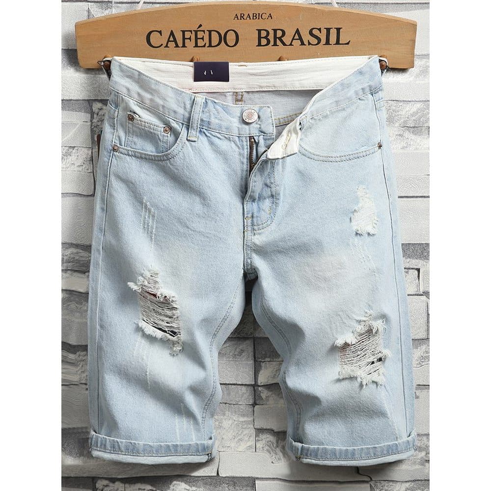 Shorts Jeans masculino verão estilo fino 2026 novo estilo rasgado calças cortadas de comprimento médio calças de cinco p
