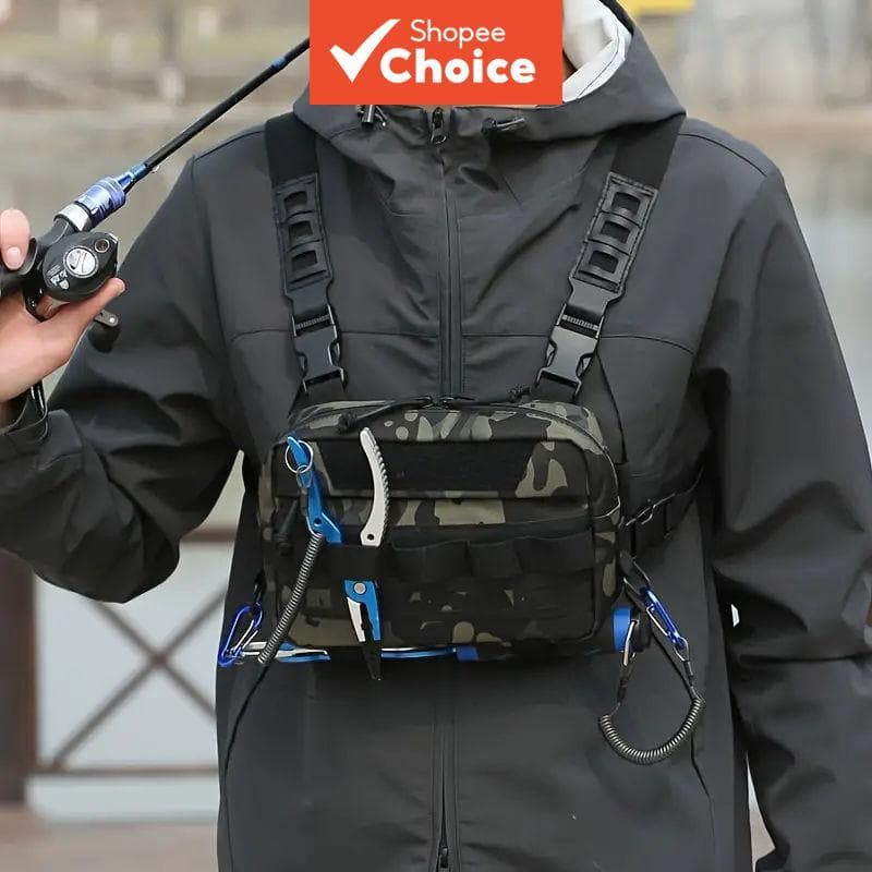 Colete de Pesca Camuflado à Prova D’Água – Bolsa de Tórax Multifuncional, Leve, Ideal para Pesca com Mosca, Trilhas e