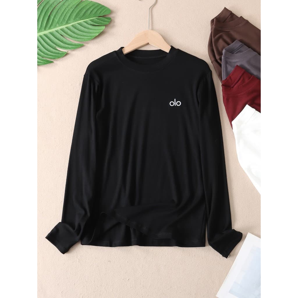 Outono nova batida macia cerosa carta bordado manga comprida solta em torno do pescoço camiseta All-Match Drape fundo si