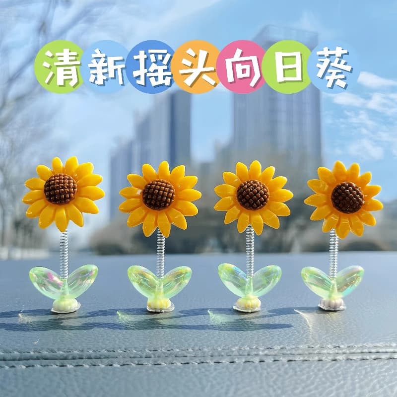 Bonito balançando cabeça girassol ornamentos de carro cura flores frescas Console central do carro espelho retrovisor de
