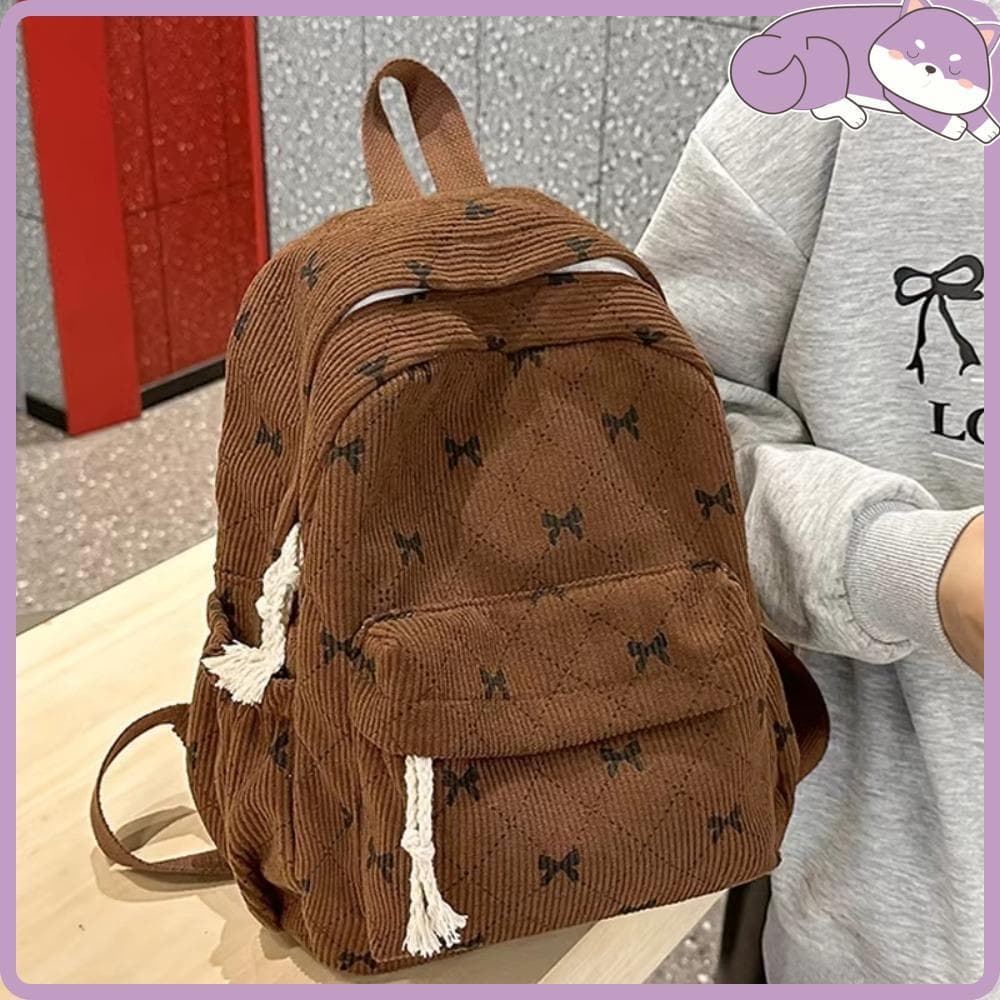 Mochila Feminina , Bolsas Para Livros De Veludo Com Estampa De Laço , Estudantes De Grande Capacidade