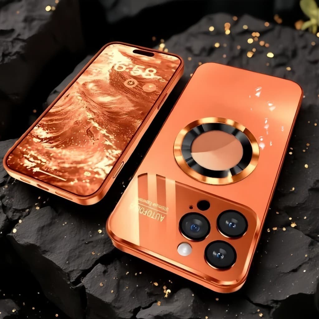 Luxo Grande Janela Laranja Revestido Magnético Acrílico Caso De Telefone Para iPhone 12 13 14 15 16 17 Pro Max 18 Plus A