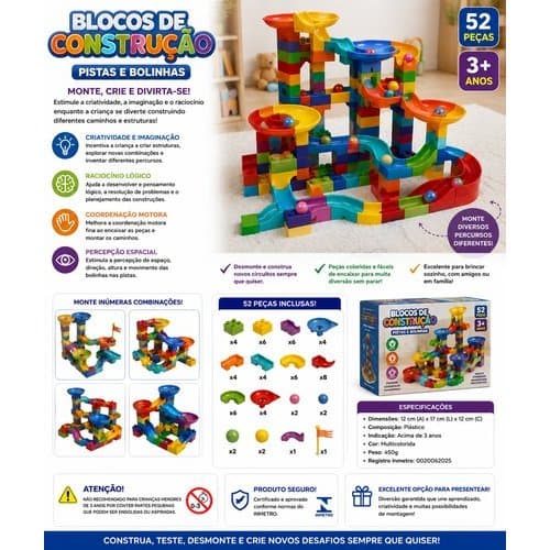Jogo Montar Blocos Construção 52 Peças Criatividade Habilidades Motoras Infantil